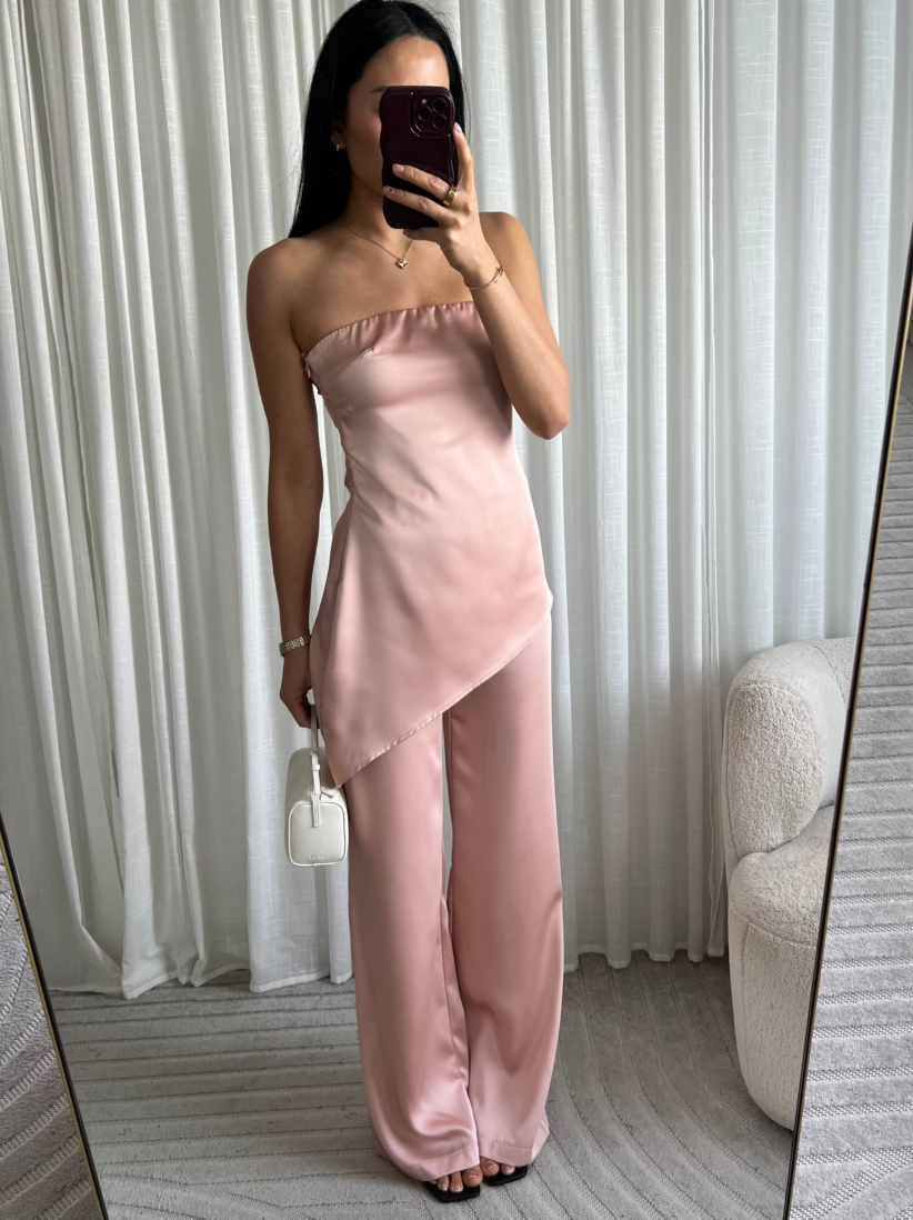Satin strapless asymmetric top